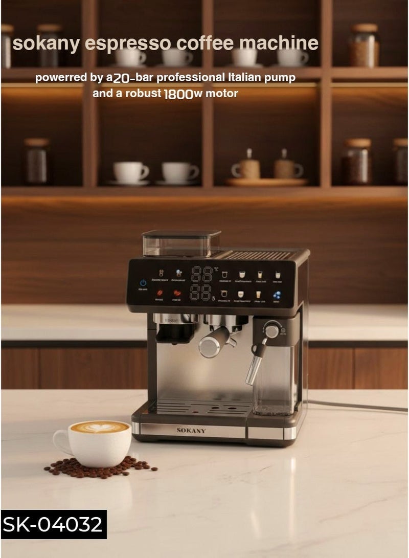 سوكاني ماكينة اسبريسو، ماكينة قهوة اسبريسو أوتوماتيكية 4 في 1، 1800 واط/2.6 لتر، ماكينة صنع قهوة الكابتشينو/اللاتيه/الإسبريسو/الطحن مع خافق حليب أوتوماتيكي، ضغط مضخة 20 بار، ماكينة صنع قهوة تعمل باللمس للمنزل والمكتب، SK-04032 - Image 5